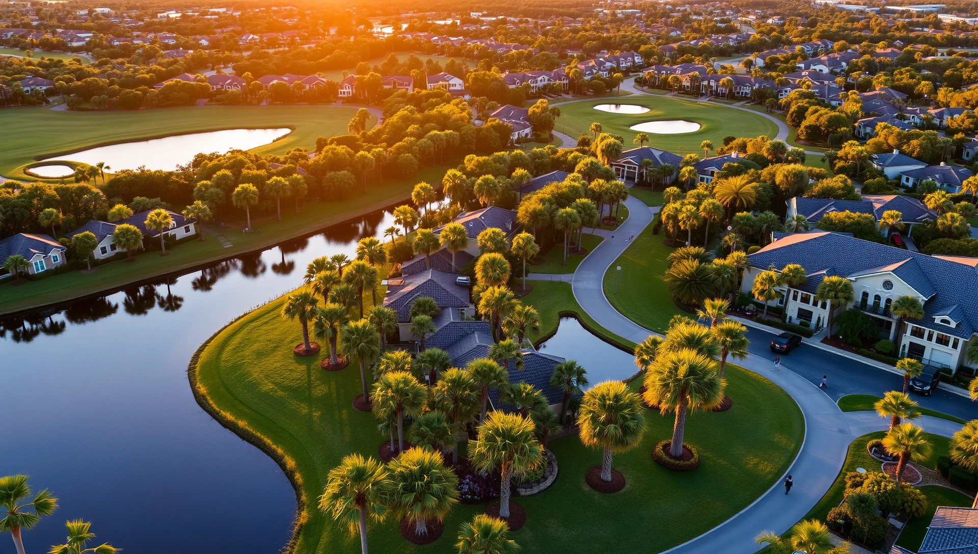 Aerial view of Avenir community at sunset with palm trees and lakes
